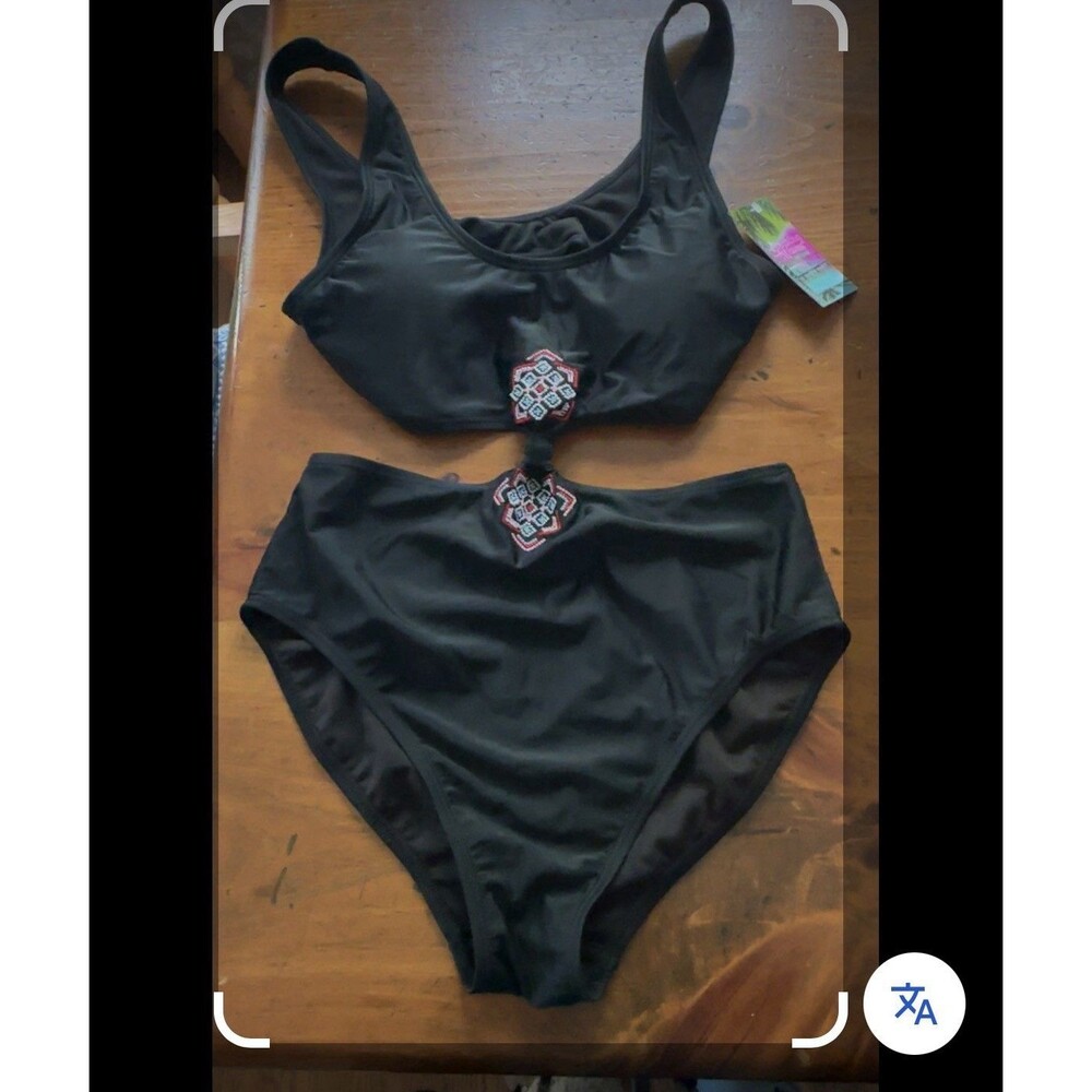 Breaking Waves SwimSuit  Connected  Cutout Front High Waisted EmbroiderSz S